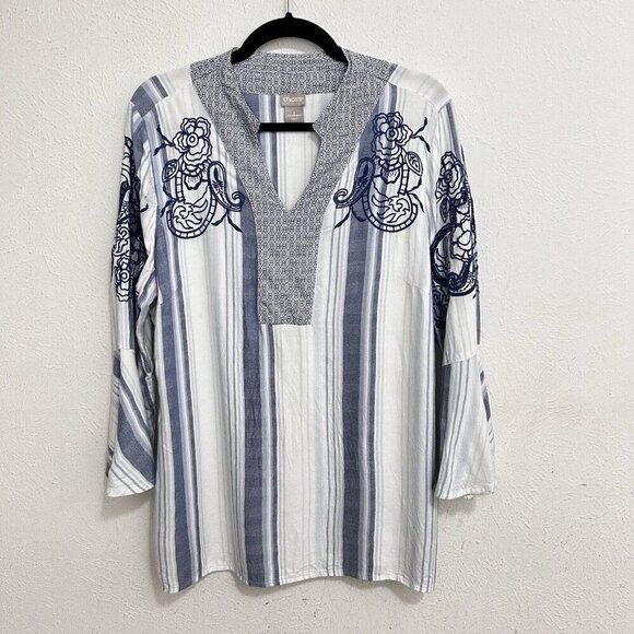 Chico’s Nautical Striped Embroidered Blouse Floral Bell Sleeves V Neck Sz 2 (L) - Picture 1 of 11